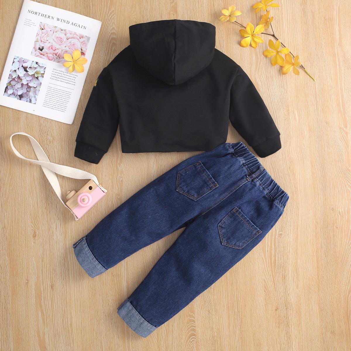 Toddler Kids Girls Long Sleeve Printed Hoodie with Holes Jeans Pants Set - PrettyKid