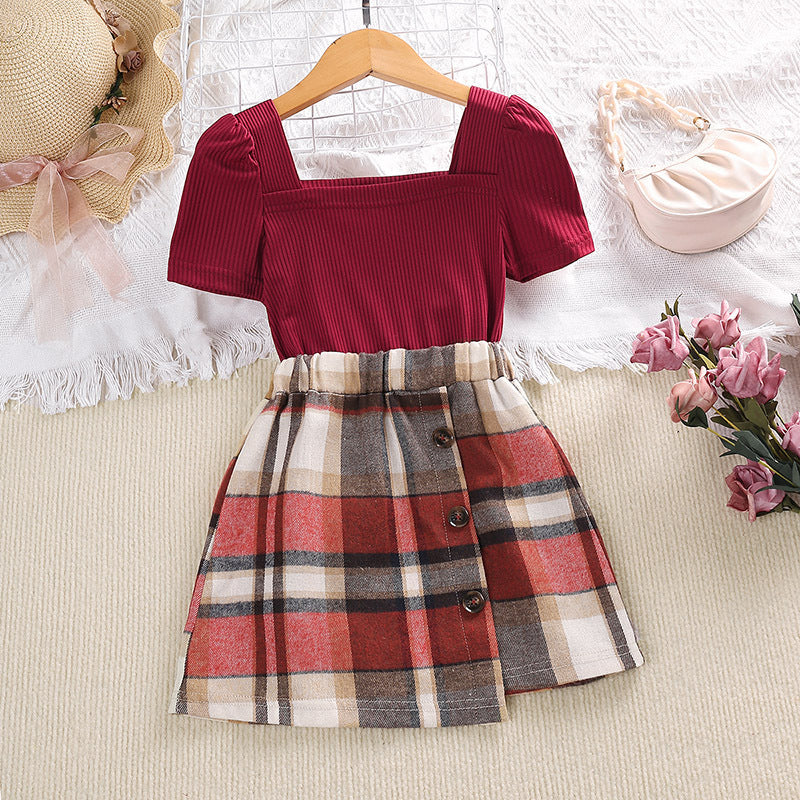 2023 Summer New Girls Suit Bubble Sleeve French Square Neck Top Plaid Skirt Two-piece Set