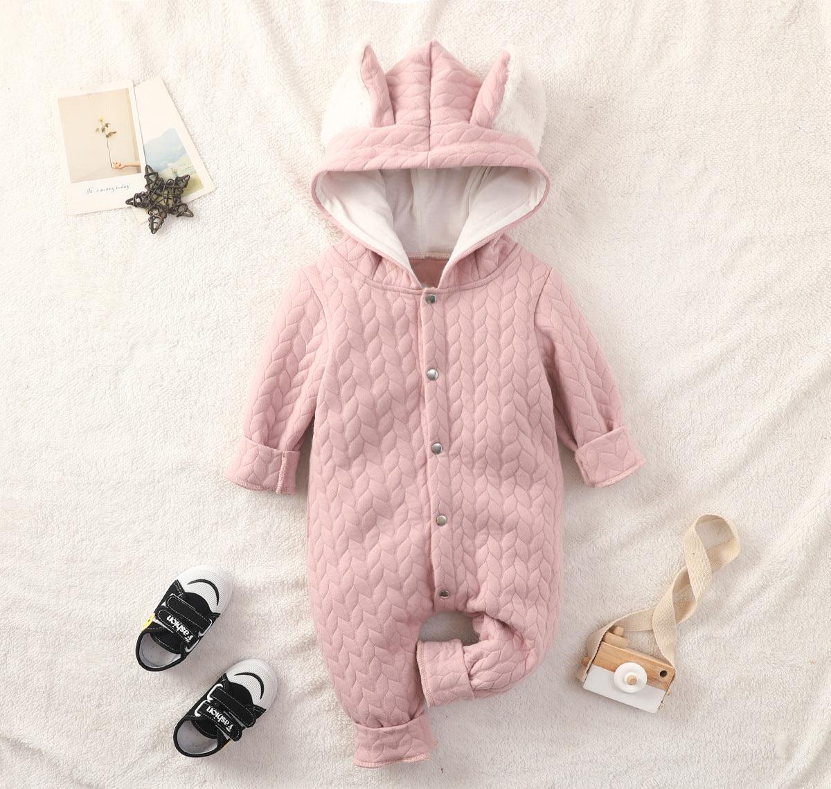 Baby Boys Girls Solid Color Lovely Ears Long Sleeve Hooded Jumpsuit - PrettyKid