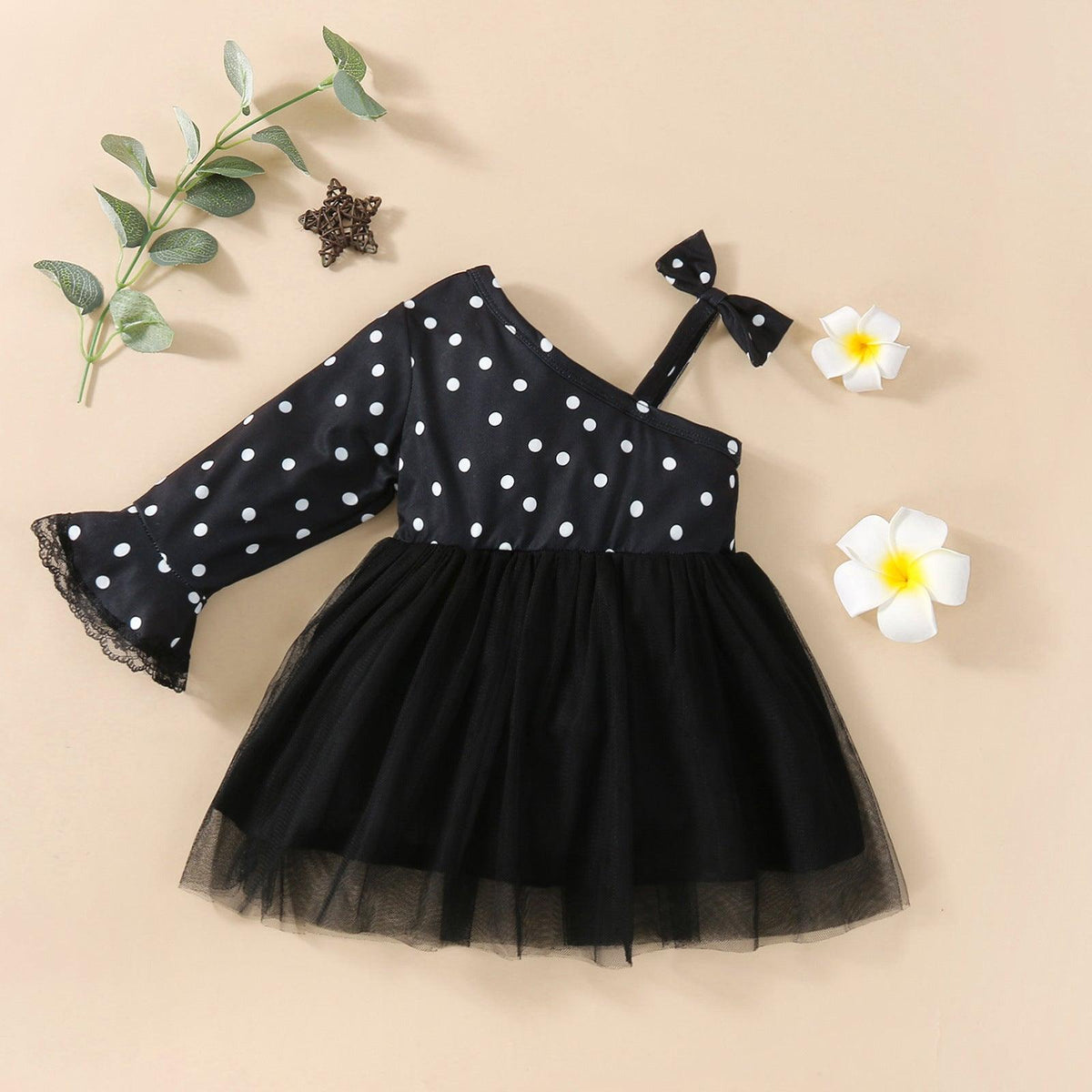 Toddler Girls Polka Dot One Shoulder Mesh Stitched Dress - PrettyKid