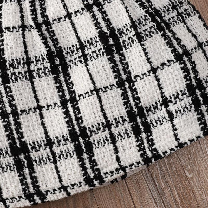 Toddler Kids Girls Black and White Plaid Printed Lace Top Skirt Set - PrettyKid