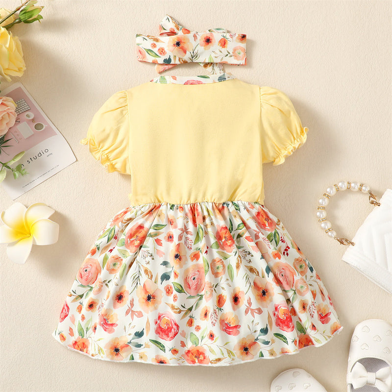 Baby Kids' New Floral Yellow Bubble Sleeve Dress 2-Piece Set