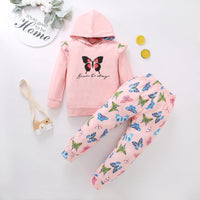 Kids Girls Butterfly Print Hooded Pullover Long Sleeved Shirt Set - PrettyKid