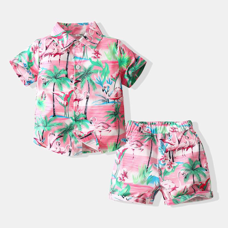 Beach Style Short Sleeve Pink Shirt Sport Pants Suit - PrettyKid