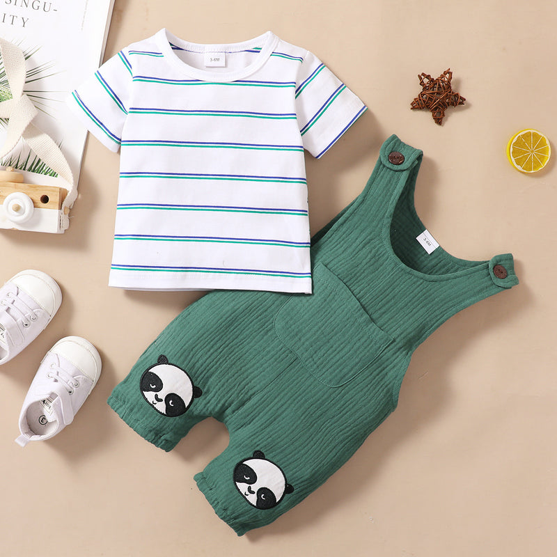 Toddler Boys Cotton Stripe Short Sleeve T-shirt Panda Embroidered Suspender Pants Set - PrettyKid