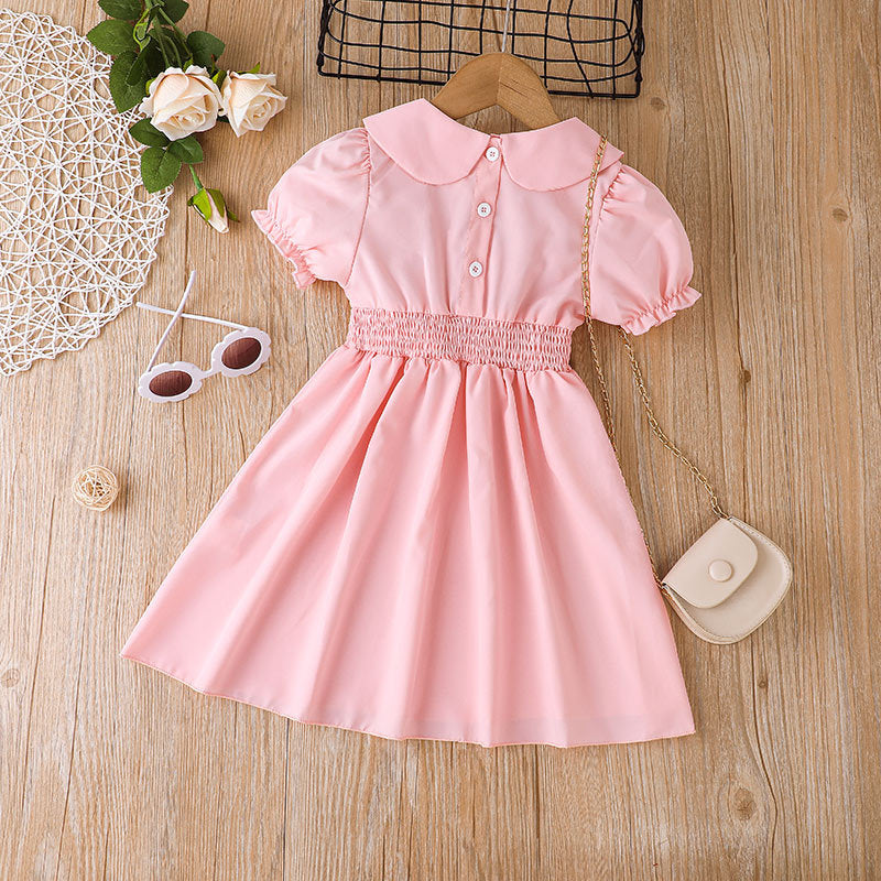 Kids Girls Summer Pink Doll Collar Elastic Waist Bubble Sleeve Long Dress - PrettyKid