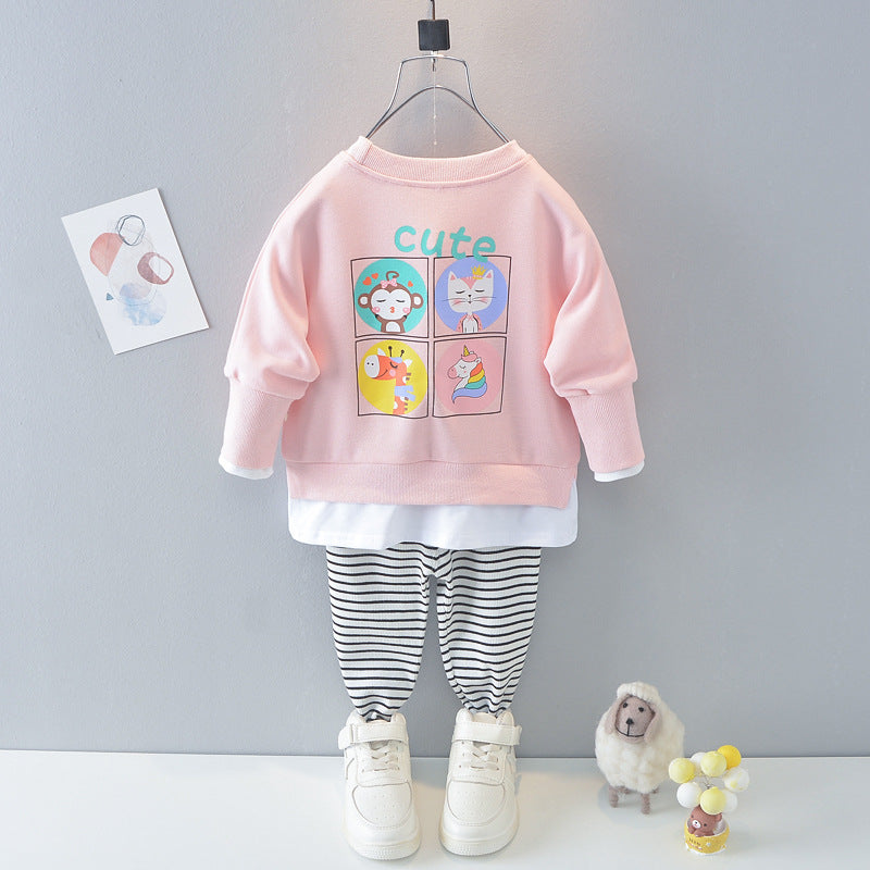 Toddler Kids Girls Solid Color Cartoon Printing Long Sleeve Fake Two Piece Suit Sweater Stripe Pants Set - PrettyKid