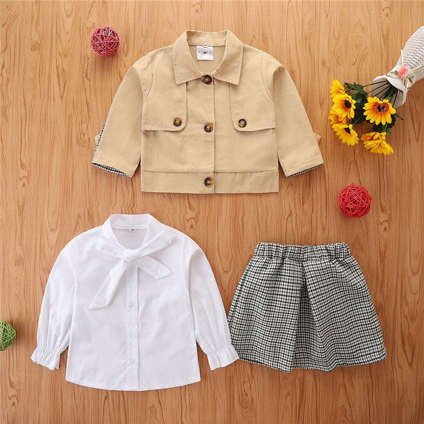 Toddler Kids Girls Long Sleeve Coat White Shirt Plaid Skirt 3-piece Set Bulk Childrens Clothing Suppliers - PrettyKid