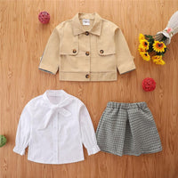 Toddler Kids Girls Long Sleeve Coat White Shirt Plaid Skirt 3-piece Set Bulk Childrens Clothing Suppliers - PrettyKid