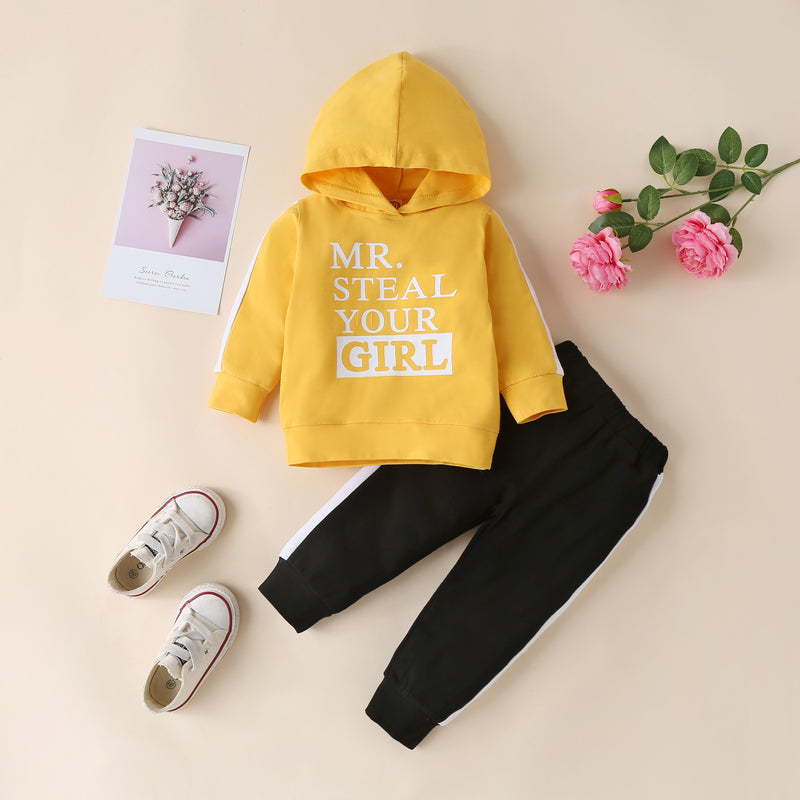 Children's Hooded Pullover Letter Print Color Contrast Pants Set - PrettyKid