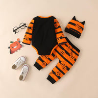 Baby Halloween Cartoon Print Long Sleeve Jumpsuit Striped Trousers Hat Set - PrettyKid