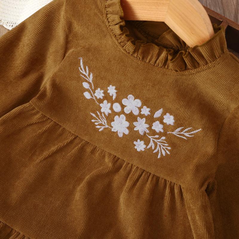 Toddler Kids Girls Solid Color Long Sleeve Embroidered Dress - PrettyKid