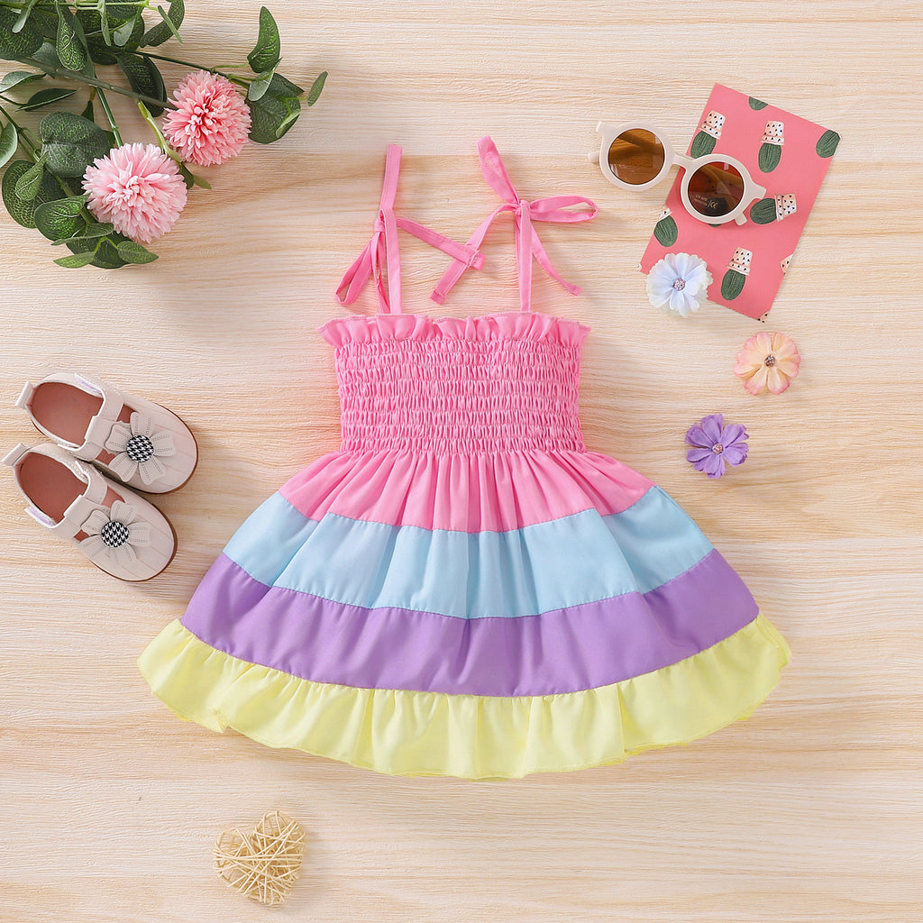 Toddler Girls Rainbow Splicing Suspender Dress - PrettyKid