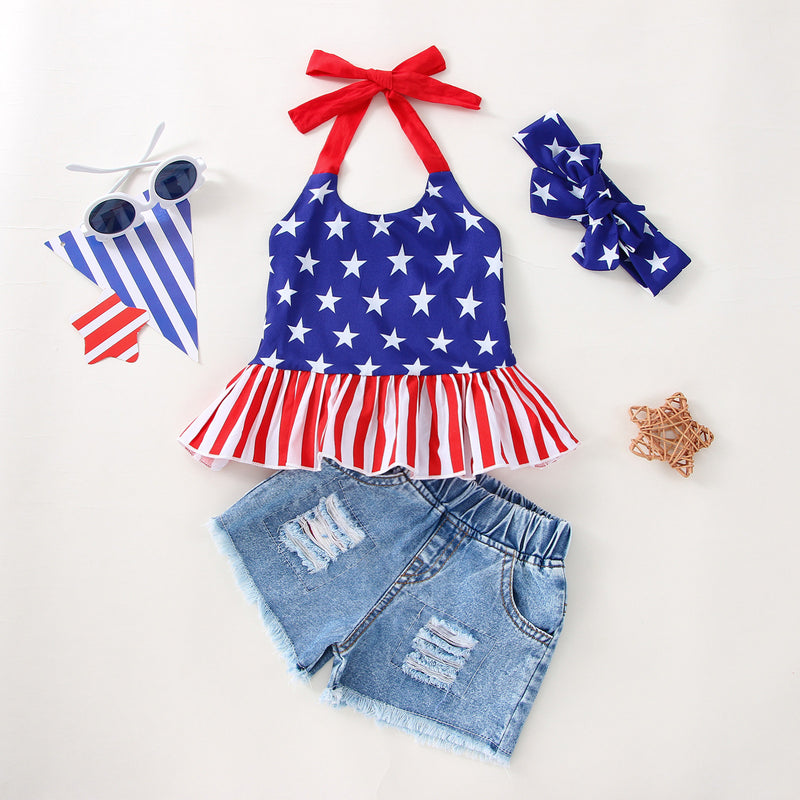 Girls' Independence Day Camisole Top + Denim Shorts - PrettyKid