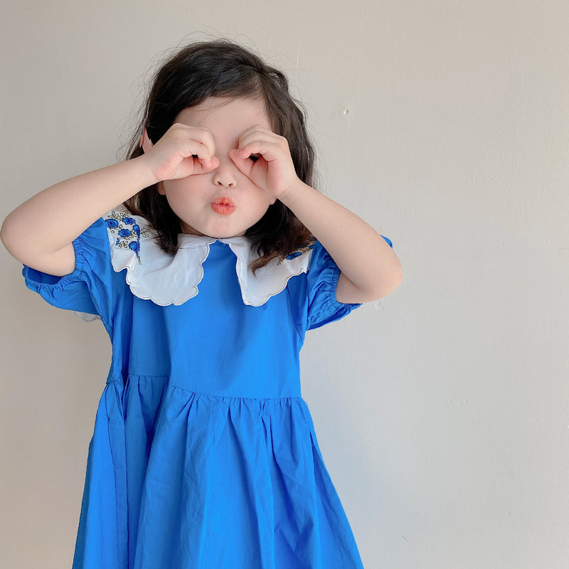 Korean Version of Children's Clothing Girls Embroidered Flowers Large Lapel Short-sleeved Dress 2022 Spring and Summer New Children's Princess Dress Tide - PrettyKid