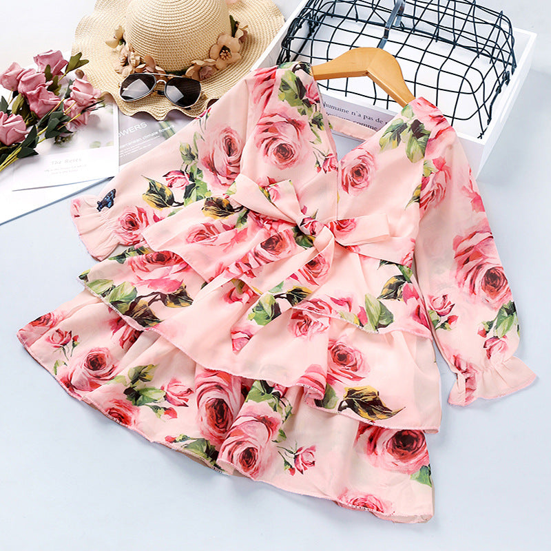 Toddler Kids Girls Flower Print V-Neck Long Sleeve Dress - PrettyKid