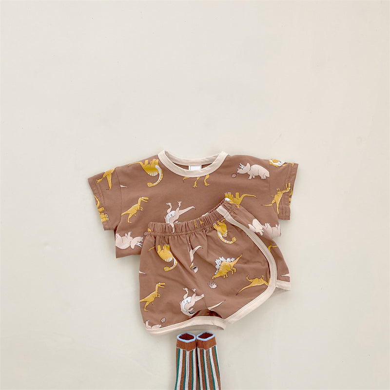 2022 Dinosaur Boys and Girls Infant Small Children Short-sleeved Shorts Set - PrettyKid