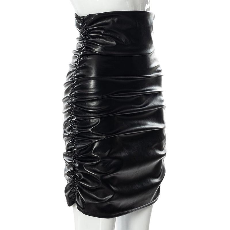 Women‘s Solid Pleated PU Leather Hip Wrap Skirt - PrettyKid