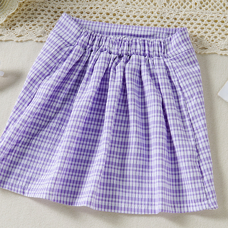 Toddler Kids Girls Summer Solid Color Plaid Printed Bow Suspender Skirt Set - PrettyKid