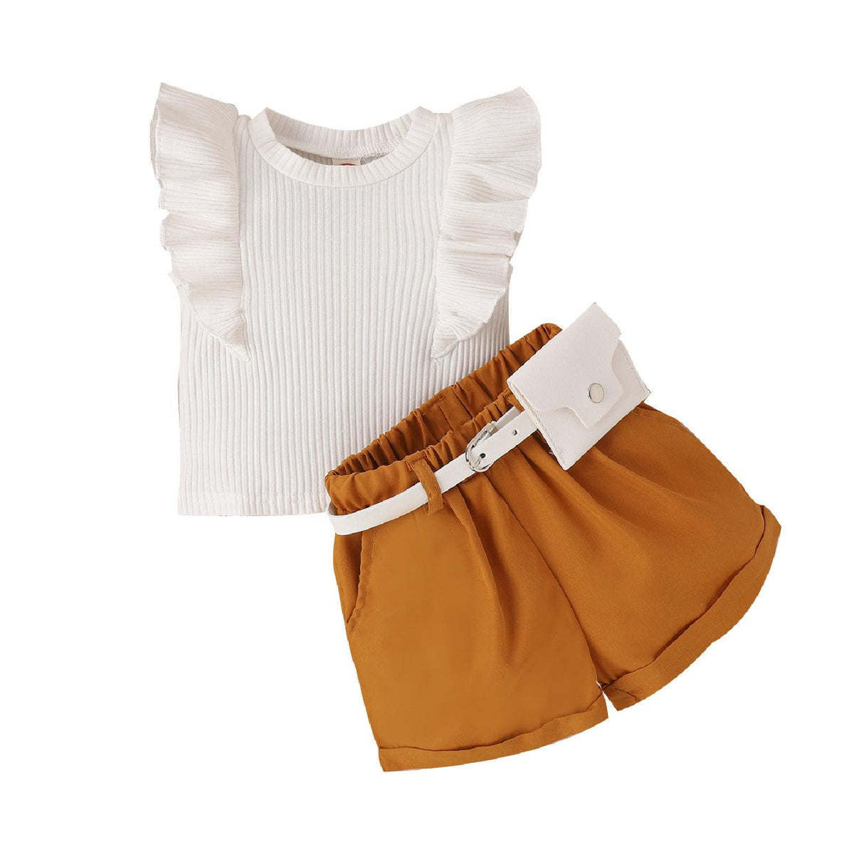 Spring and Summer Cotton Pit Strip Flying Sleeve Top Solid Color Shorts with Waist Bag Girls Suit