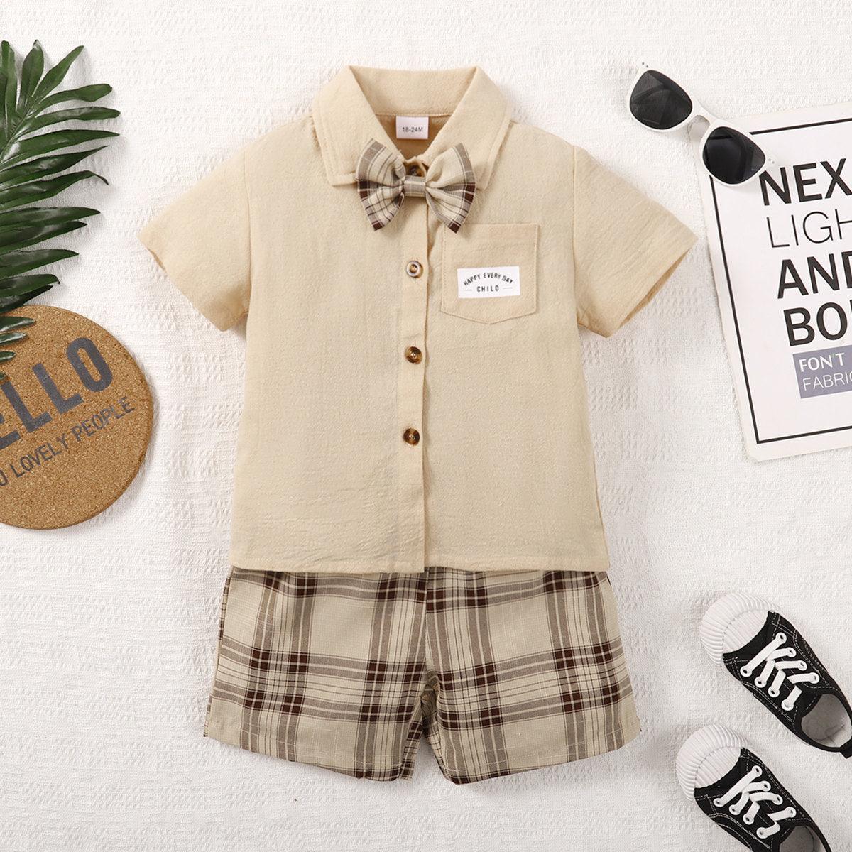 Boys' Solid Color Shirt+checked Shorts