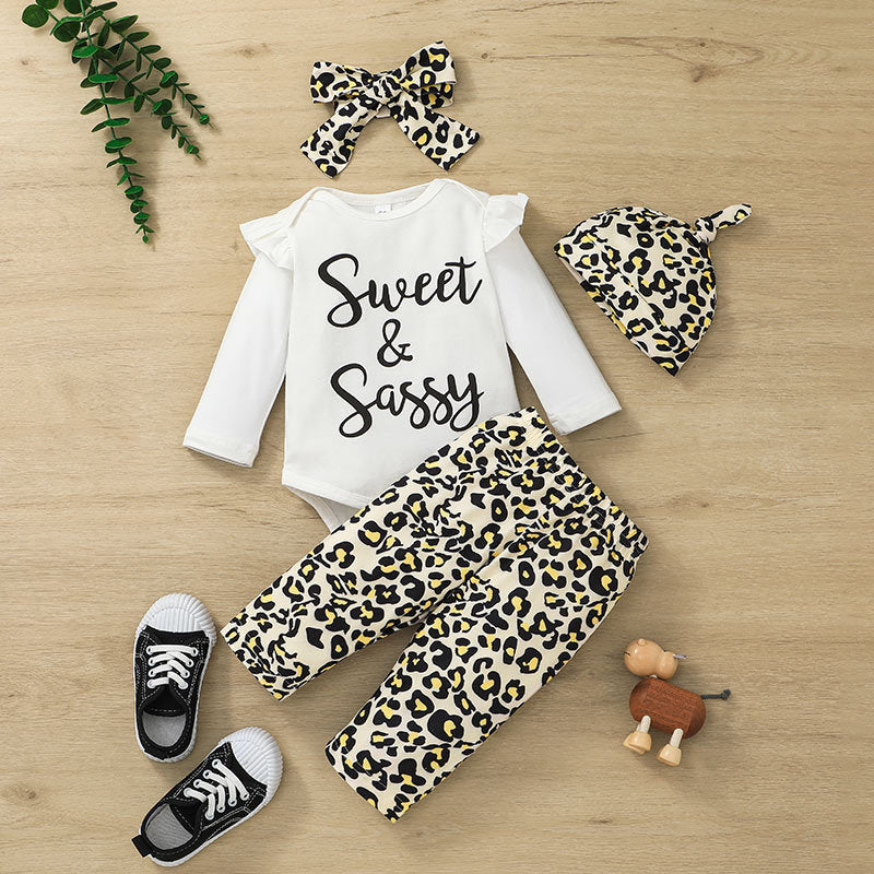 Baby Girls Solid Letter Printed One-piece Clothes Leopard Pants Set - PrettyKid