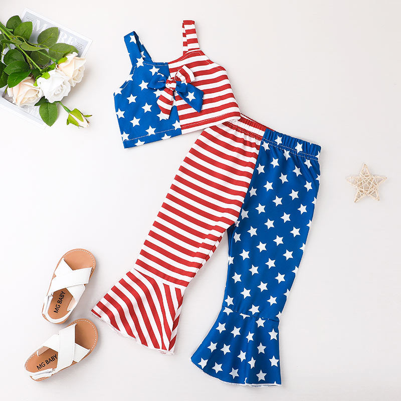 Toddler Kids Girls Independent Day Stripe Star Print Sleeveless Suspender Vest Flared Pants Set - PrettyKid