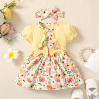 Baby Kids' New Floral Yellow Bubble Sleeve Dress 2-Piece Set