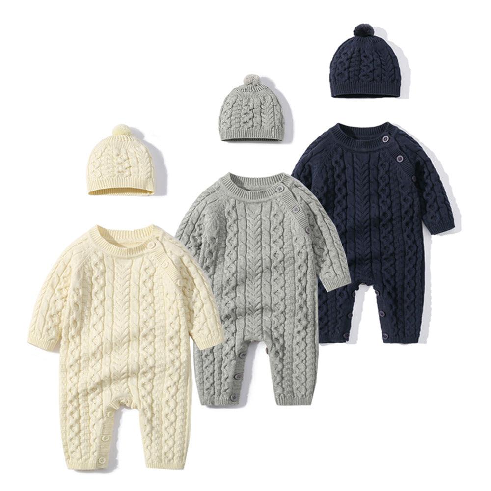 Baby Boys Girls Twist Knitting Wool Long-sleeved Jumpsuit Hat Two Piece Set - PrettyKid