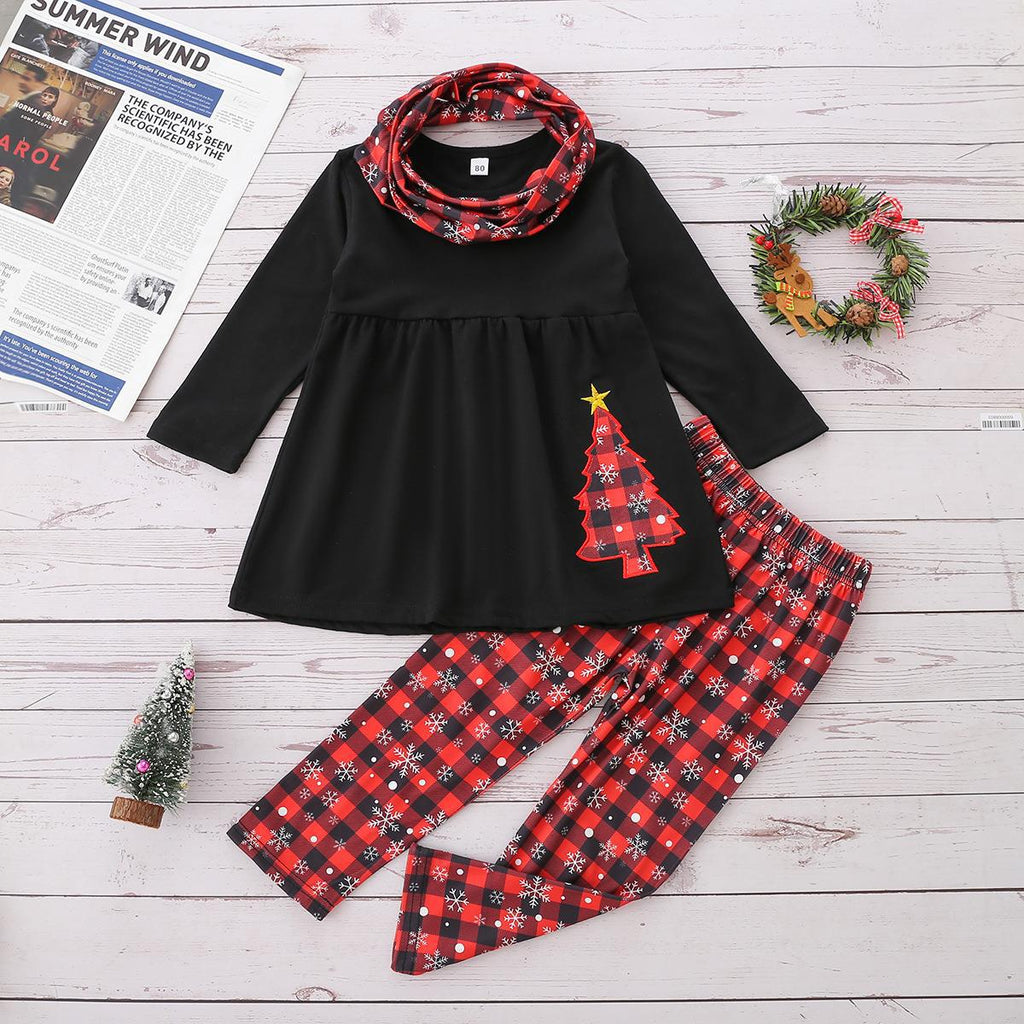 2022 Toddler Girls Christmas Embroidered Top Plaid Pants Set - PrettyKid