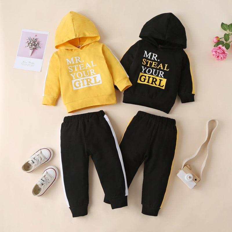 Children's Hooded Pullover Letter Print Color Contrast Pants Set - PrettyKid