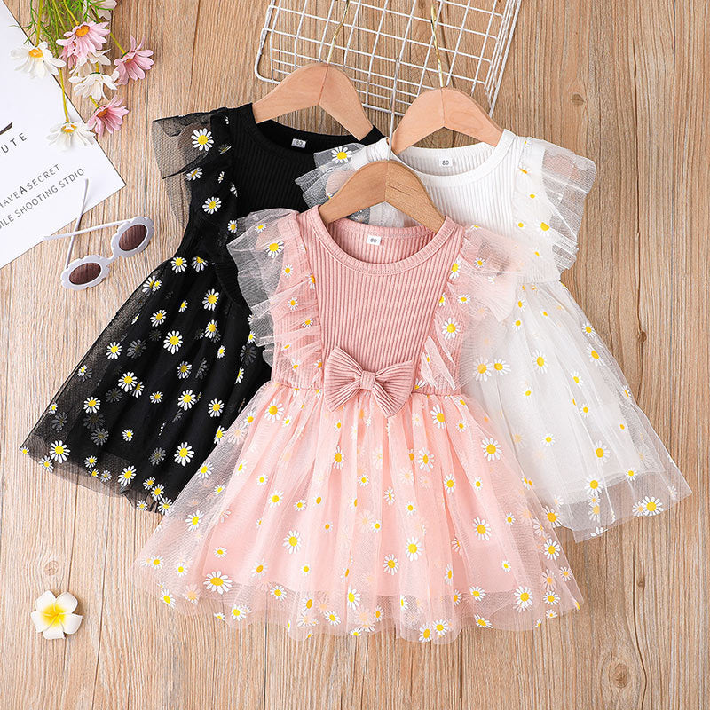 Toddler Kids Girl Solid Sleeveless Daisy Print Mesh Dress - PrettyKid