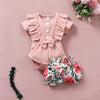Baby Girls Solid Color Ruffle Short Sleeve Jumpsuit Flower Print Bow Shorts Set - PrettyKid