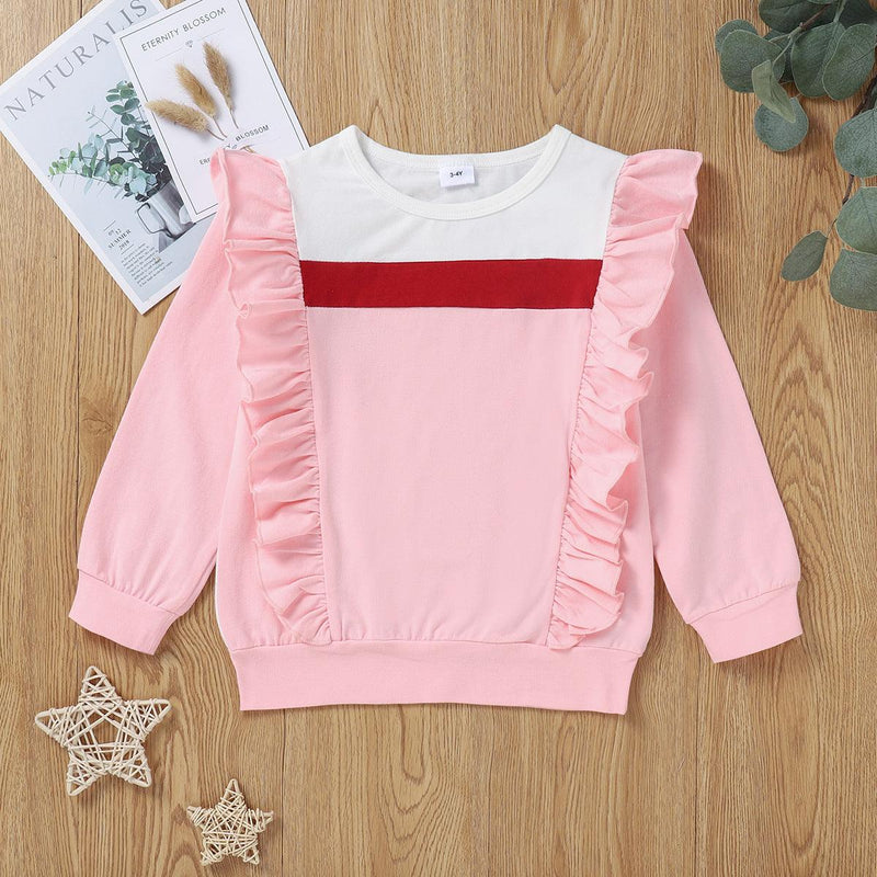 Toddler Kids Girls Solid Color Long Sleeve Ruffle Color Blocking Blouse - PrettyKid