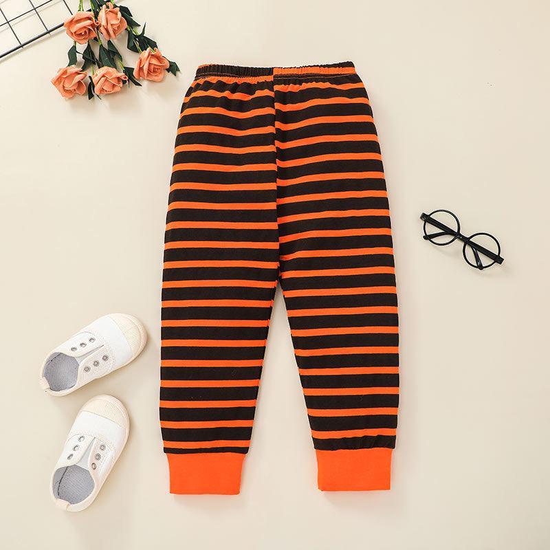 Toddler Kids Halloween Pumpkin Print Striped Long-sleeved Top Trouser Suit Children Clothing Vendors - PrettyKid