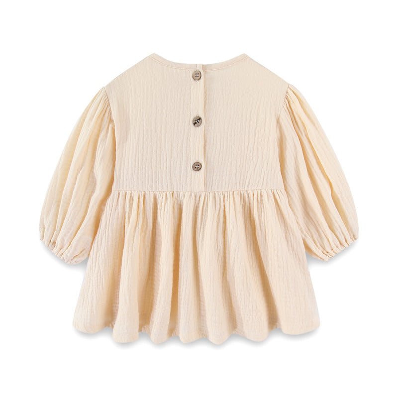 Autumn Toddler Kids Girls Cotton Linen Long Sleeve Solid Color Round Neck Dress - PrettyKid