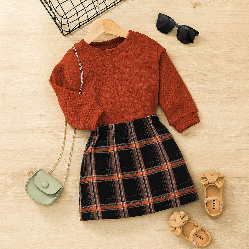 Toddler Kids Girls Solid Long Sleeved Sweater Plaid Print Skirt Set - PrettyKid