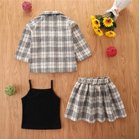 Toddler Kids Girls' Solid Color Suspender Plaid Print Coat Short Skirt Suit - PrettyKid