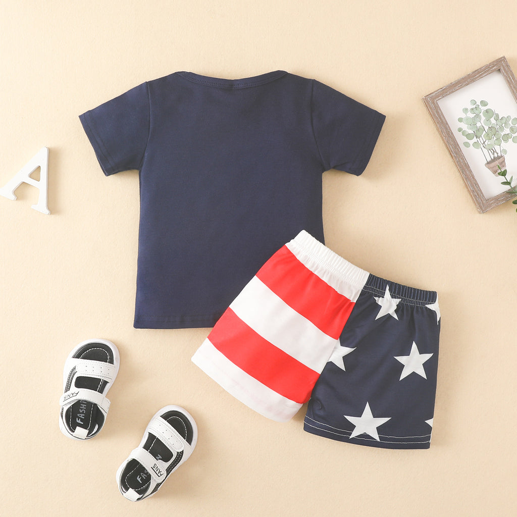 Toddler Boys Solid Color Independence Day Stripe Printed Short Sleeve Shorts Set - PrettyKid