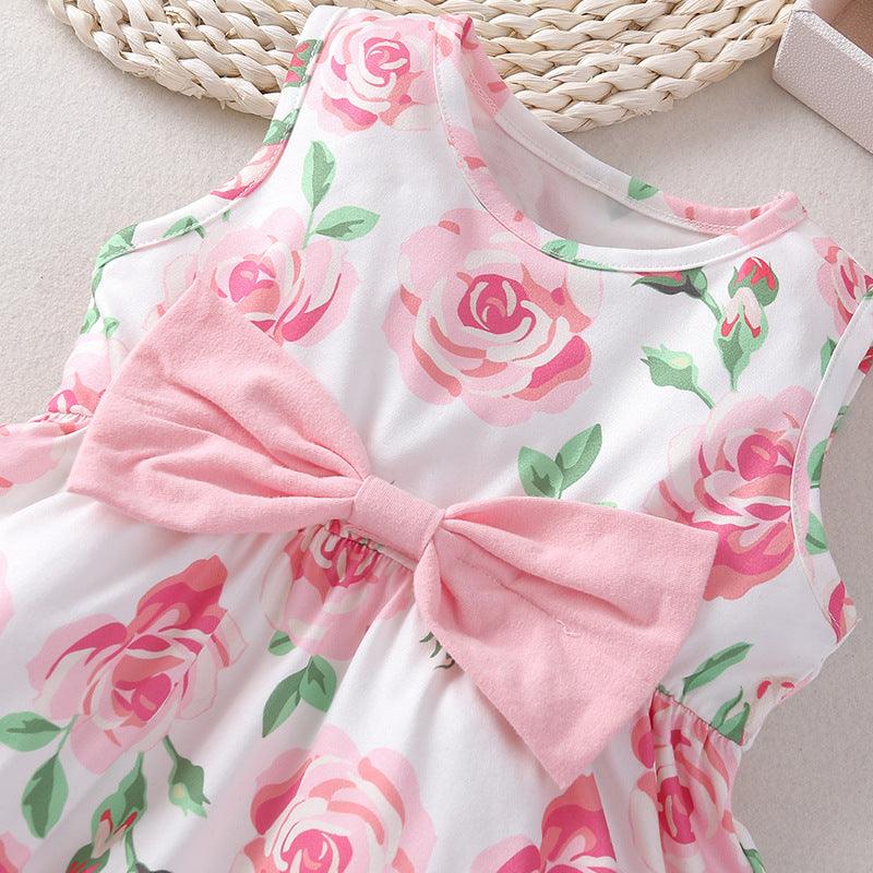 Baby Girls Sleeveless Pink Flower Bow Dress - PrettyKid