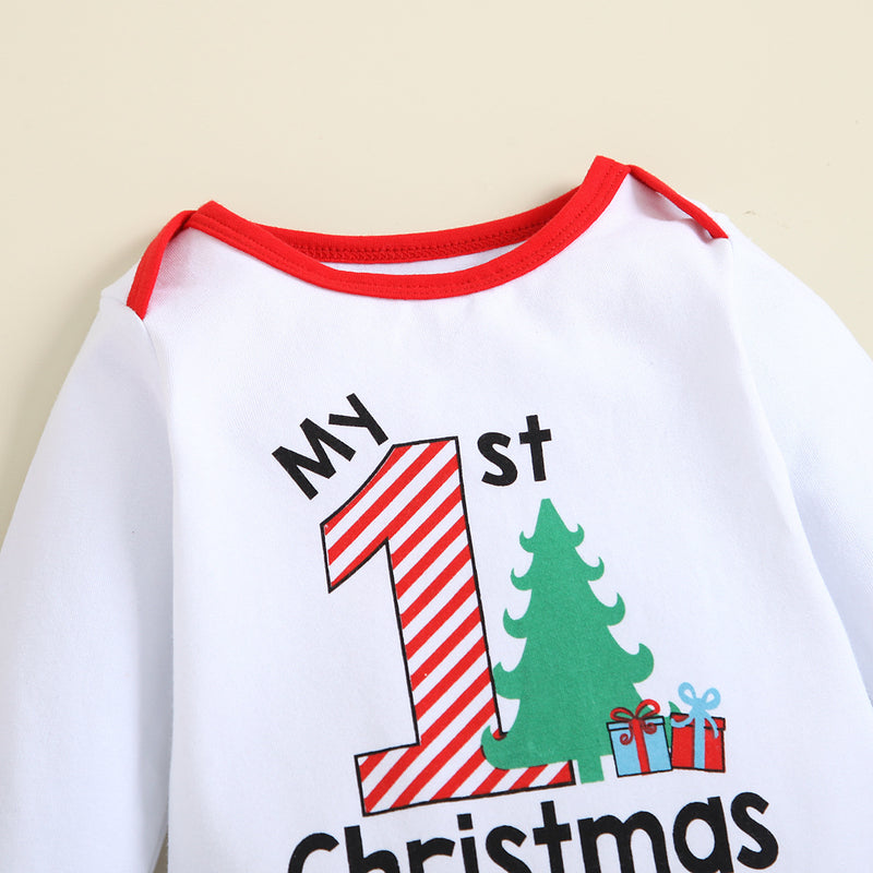 Baby Christmas Clothes Long Sleeved Jumpsuit Striped Trousers Hat Three Piece Set - PrettyKid