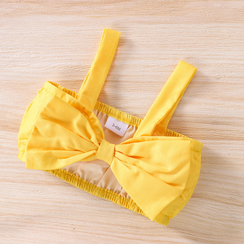 Baby Girls Solid Color Bow Suspender Vest Flower Print Triangle Shorts Hair Belt Set - PrettyKid