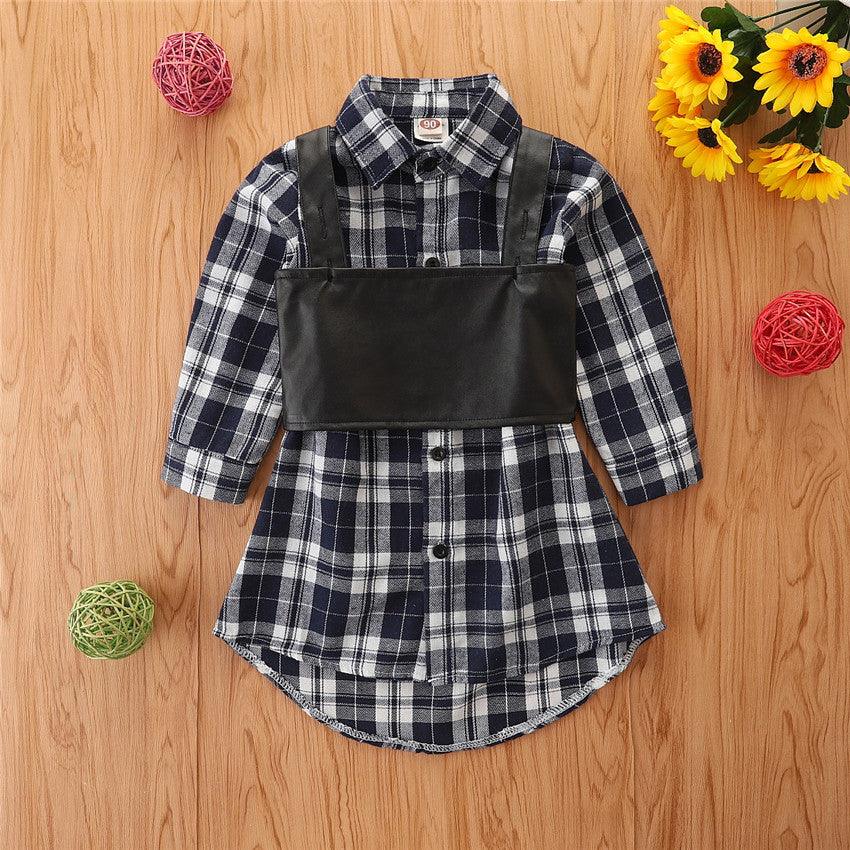 Children Girls' Plaid Long Sleeve Shirt Skirt + PU Leather Vest Two-piece Set - PrettyKid