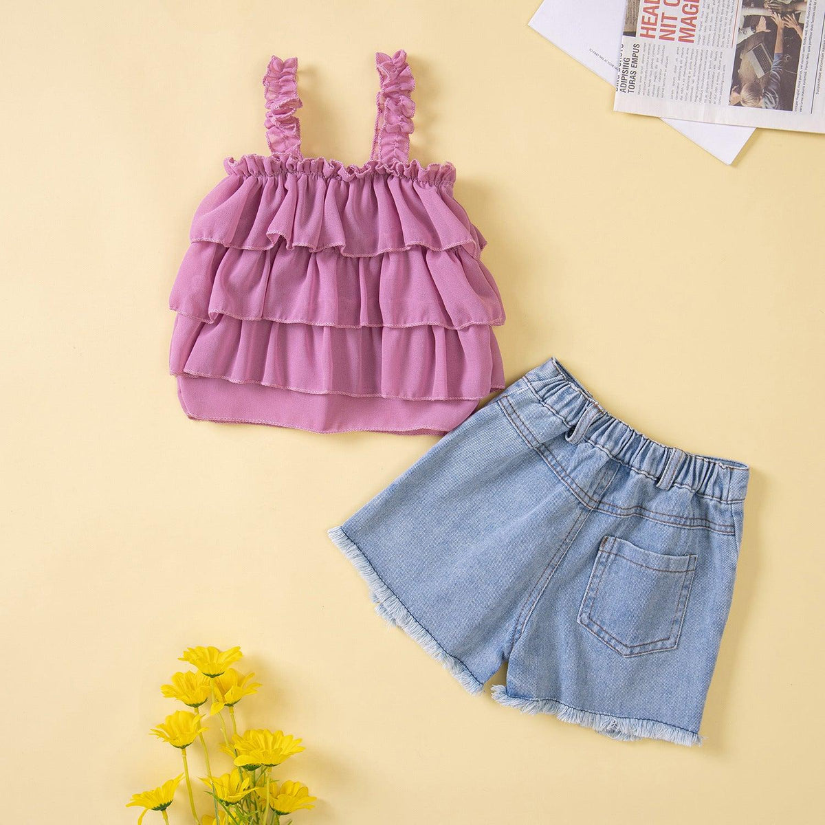 Summer New Children's Loose Top with Suspender+two Pieces of Torn Denim Shorts - PrettyKid