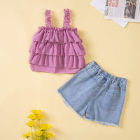 Summer New Children's Loose Top with Suspender+two Pieces of Torn Denim Shorts - PrettyKid