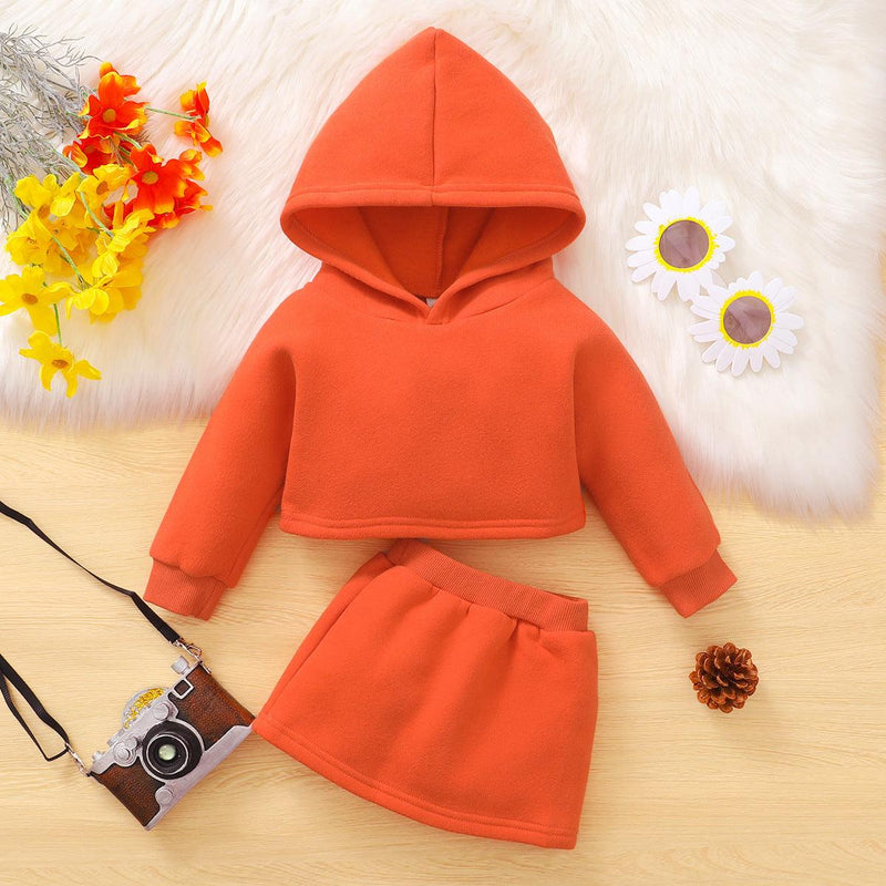 Toddler Kids Girl Solid Color Long Sleeve Hooded Short Top Skirt Set - PrettyKid