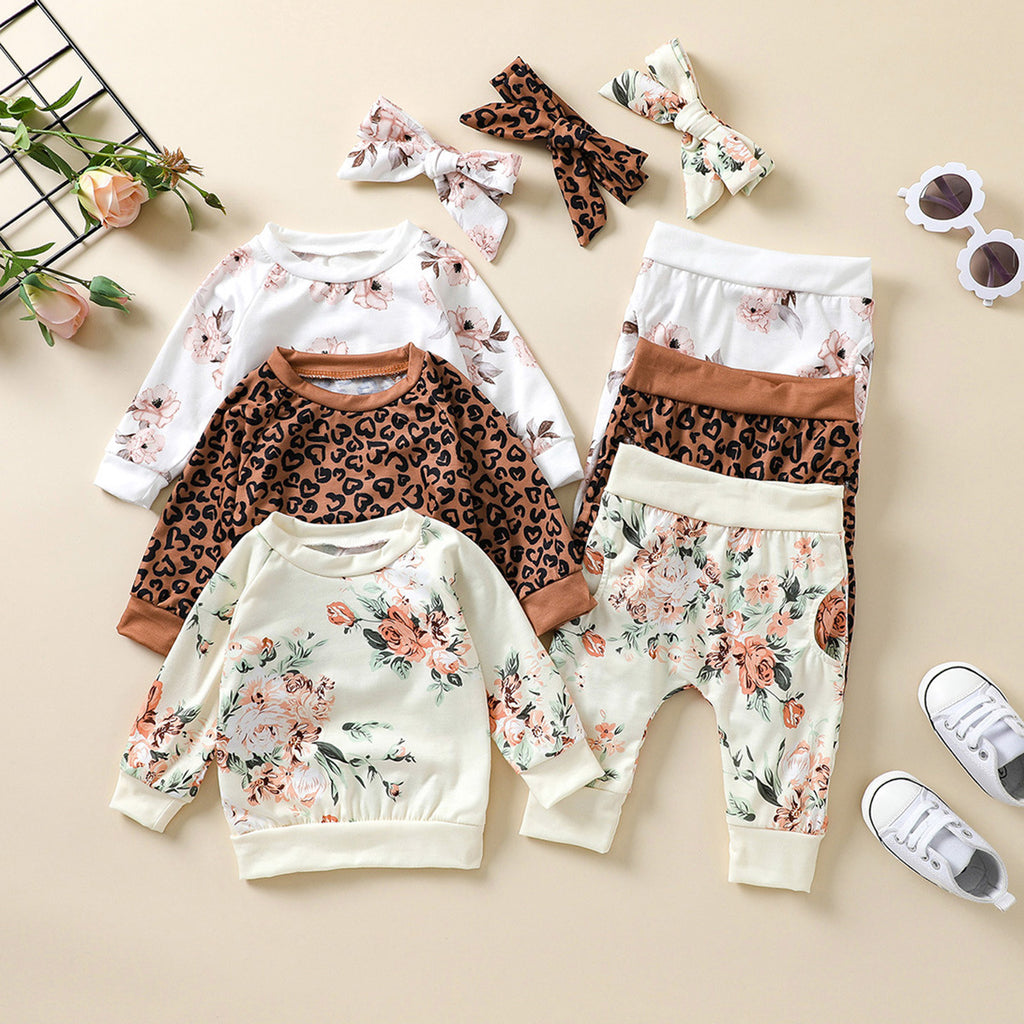Toddler Kids Girls Flower Leopard Print Long Sleeve Set - PrettyKid