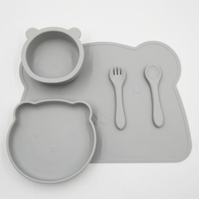 Children's Tableware Set Solid Color Bear Silicone Bowl Dinner Plate Meal Pad Fork Spoon 4-piece Set - PrettyKid