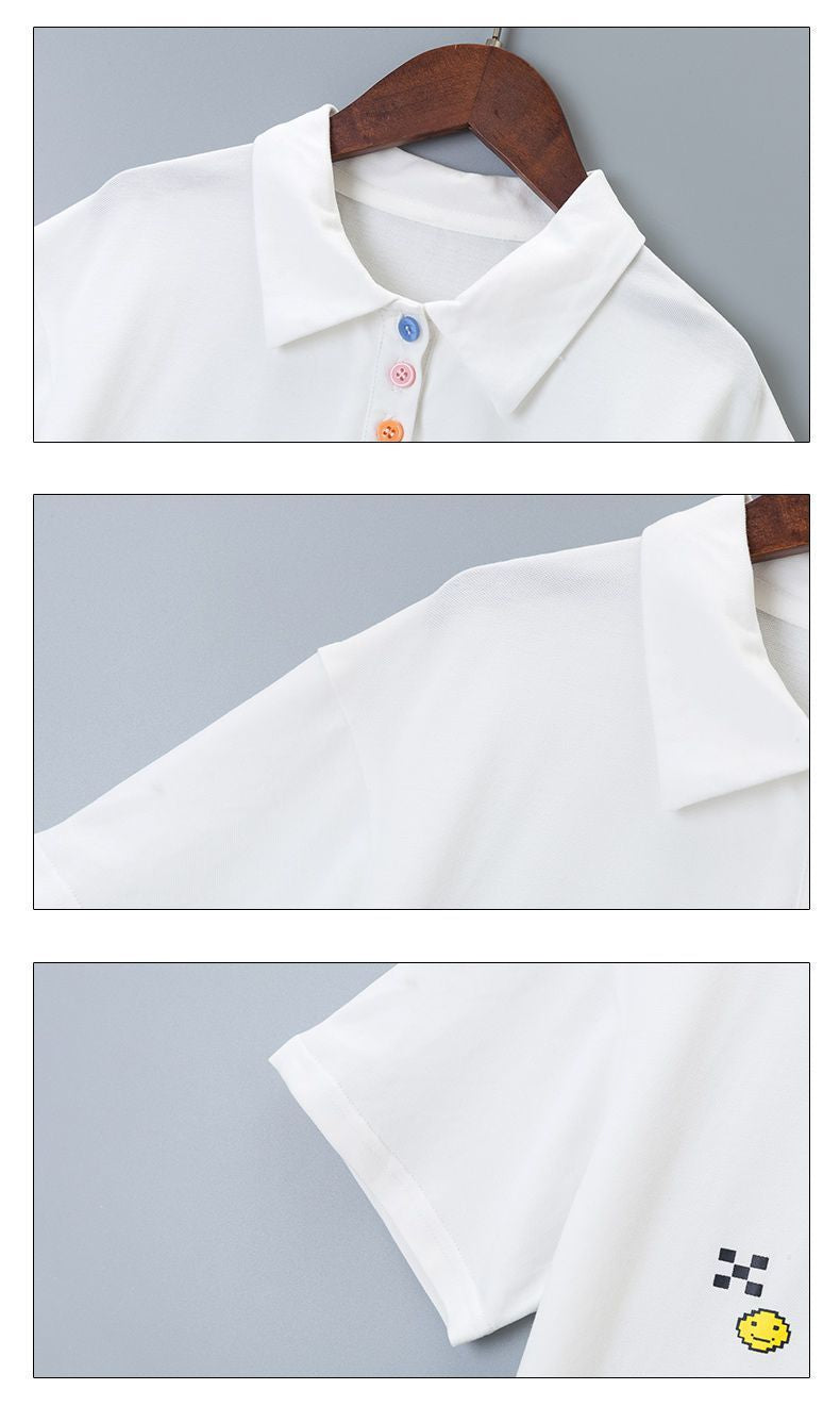 Girls Solid Letter Print Polo Collar Short Sleeve T-Shirt Top Denim Shorts Summer Set - PrettyKid