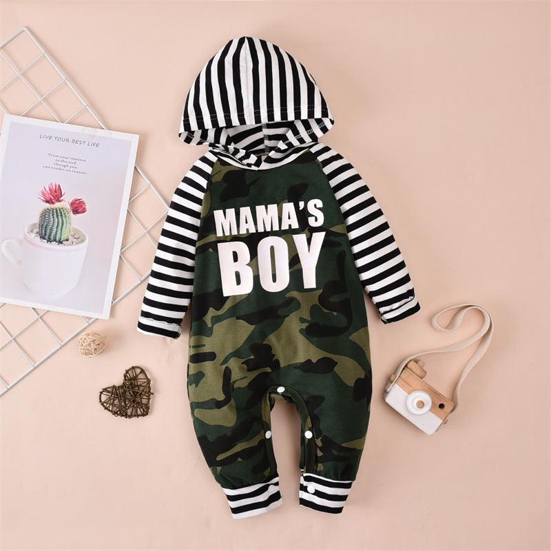 Baby Boys Letter Print Camouflage Patchwork Hooded Jumpsuit - PrettyKid